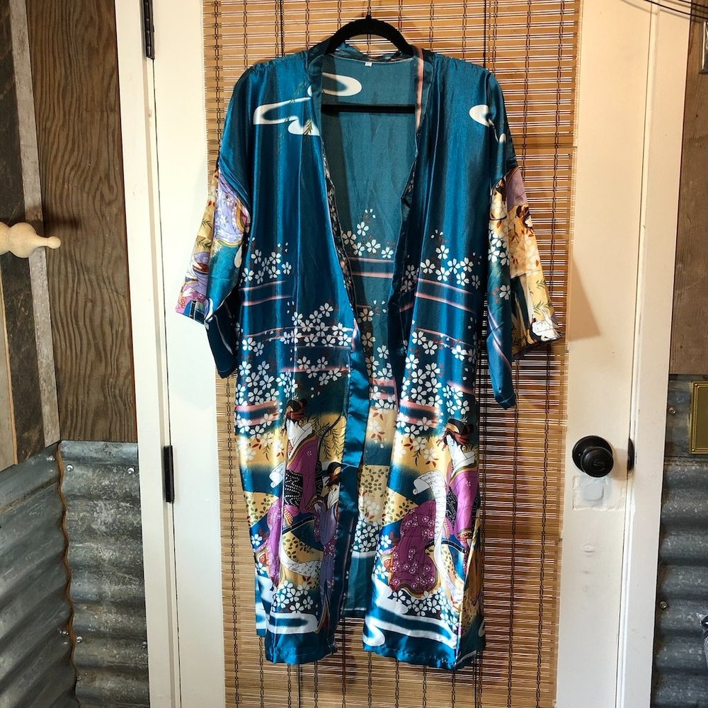 Silky Teal Floral Kimono Robe - Women Intimates & Sleepwear - Picture 2 of 11